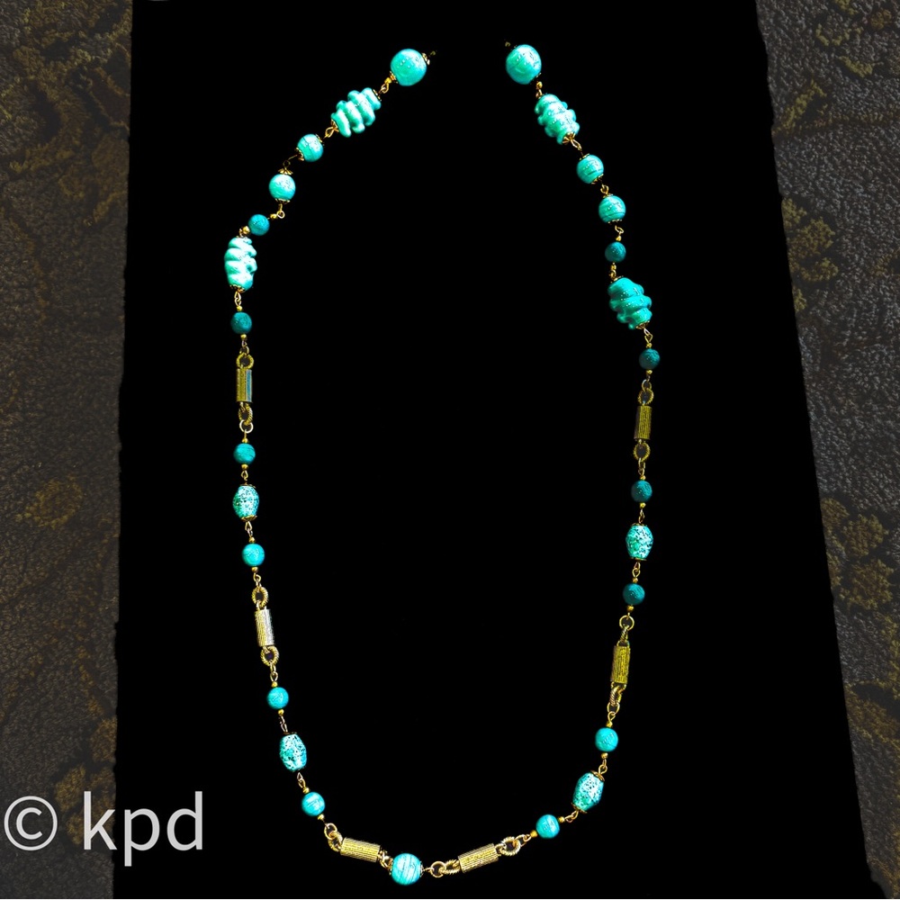 Vintage Blue Glass Bead Necklace (Needs Repair) – 29” Gold Tone
